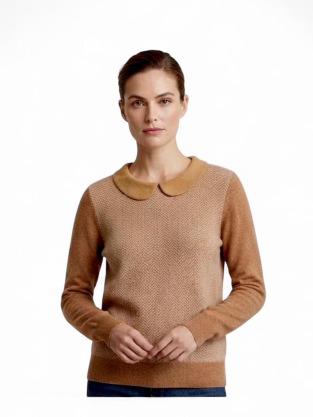J.Crew Womens XL Camel Herringbone Peter Pan Collar Sweater Merino Wool Blend